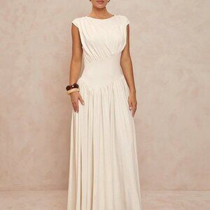 Beige Elegant Women's Bohemian Boat Neck Ruched Waist Flared Hem Dress